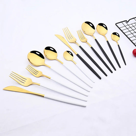 36Pcs White Gold Dinnerware Cutlery Silverware Set