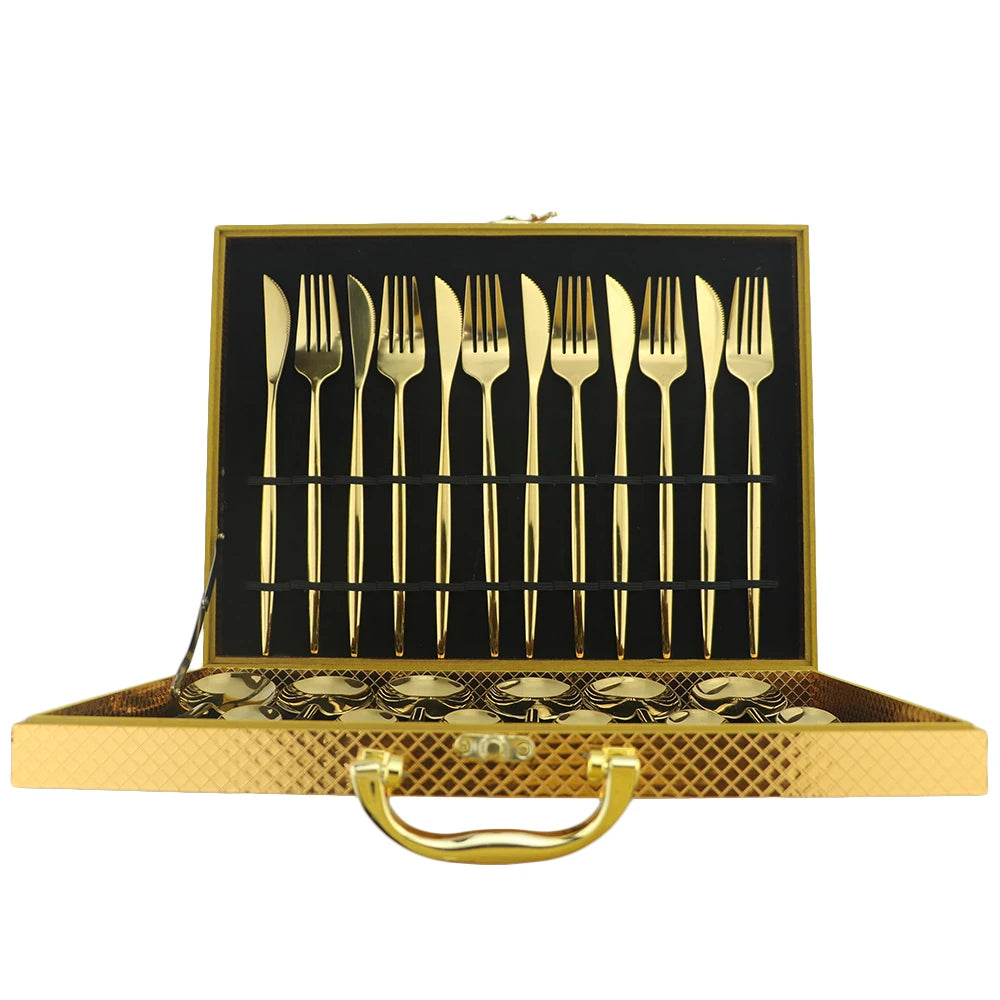 Gold Silverware With Luxury Wood Gift Box Set