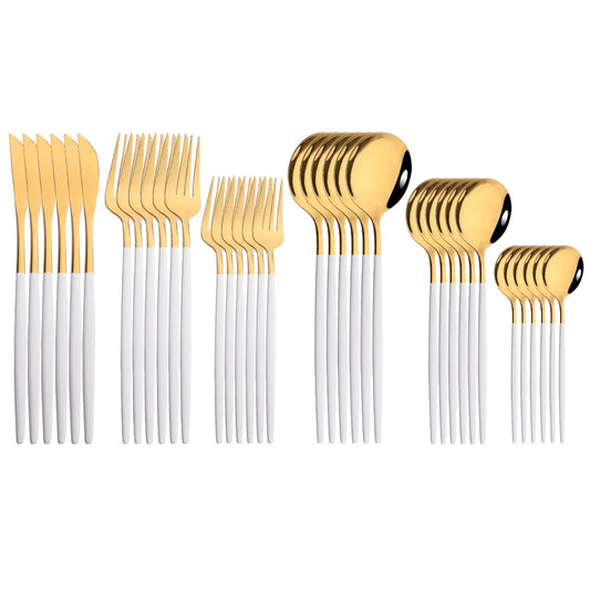36Pcs White Gold Dinnerware Cutlery Silverware Set