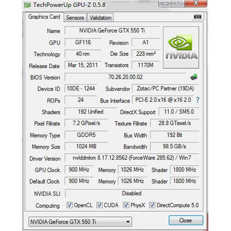 GTX 550 Ti 1GB GPU GDDR5 Graphics Card