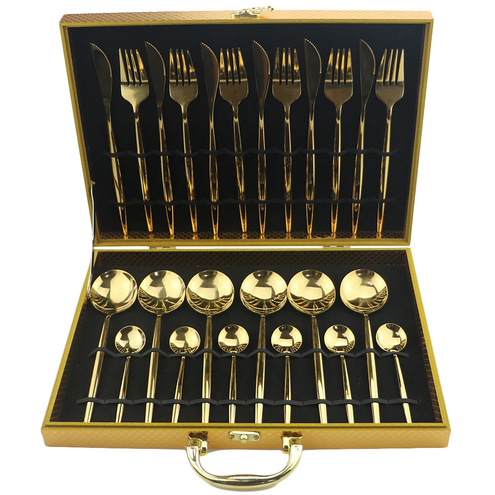 Gold Silverware With Luxury Wood Gift Box Set