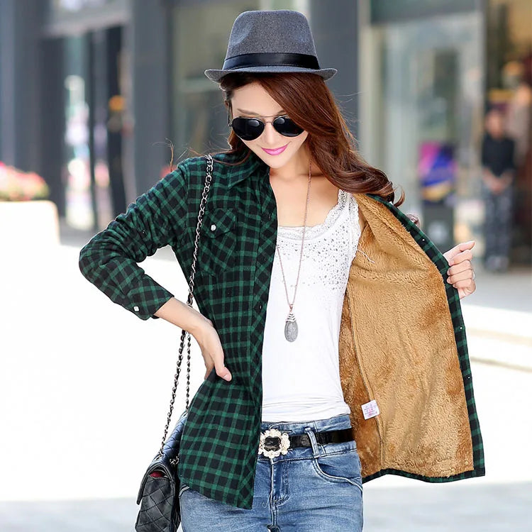 Women Velvet Thicke Plaid Casual Jacket