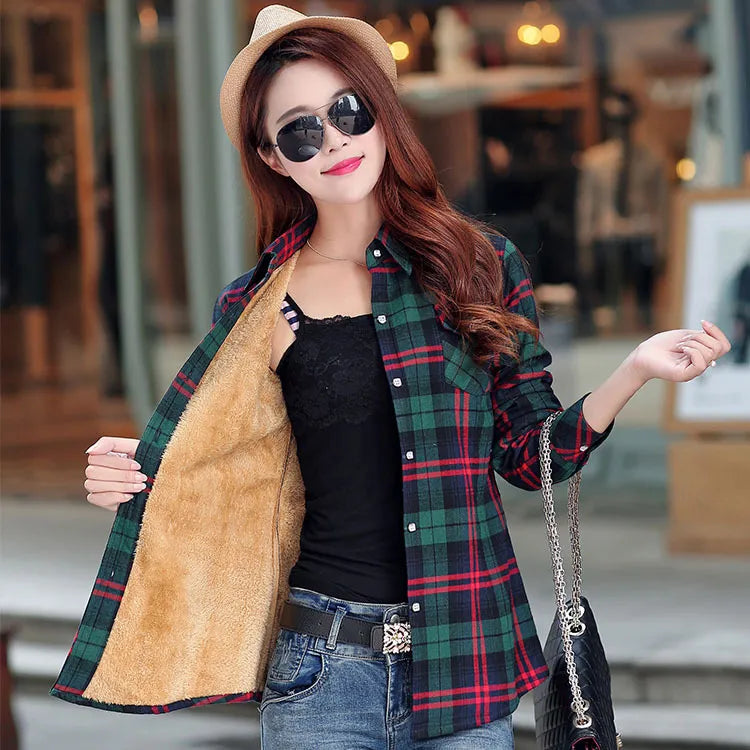 Women Velvet Thicke Plaid Casual Jacket