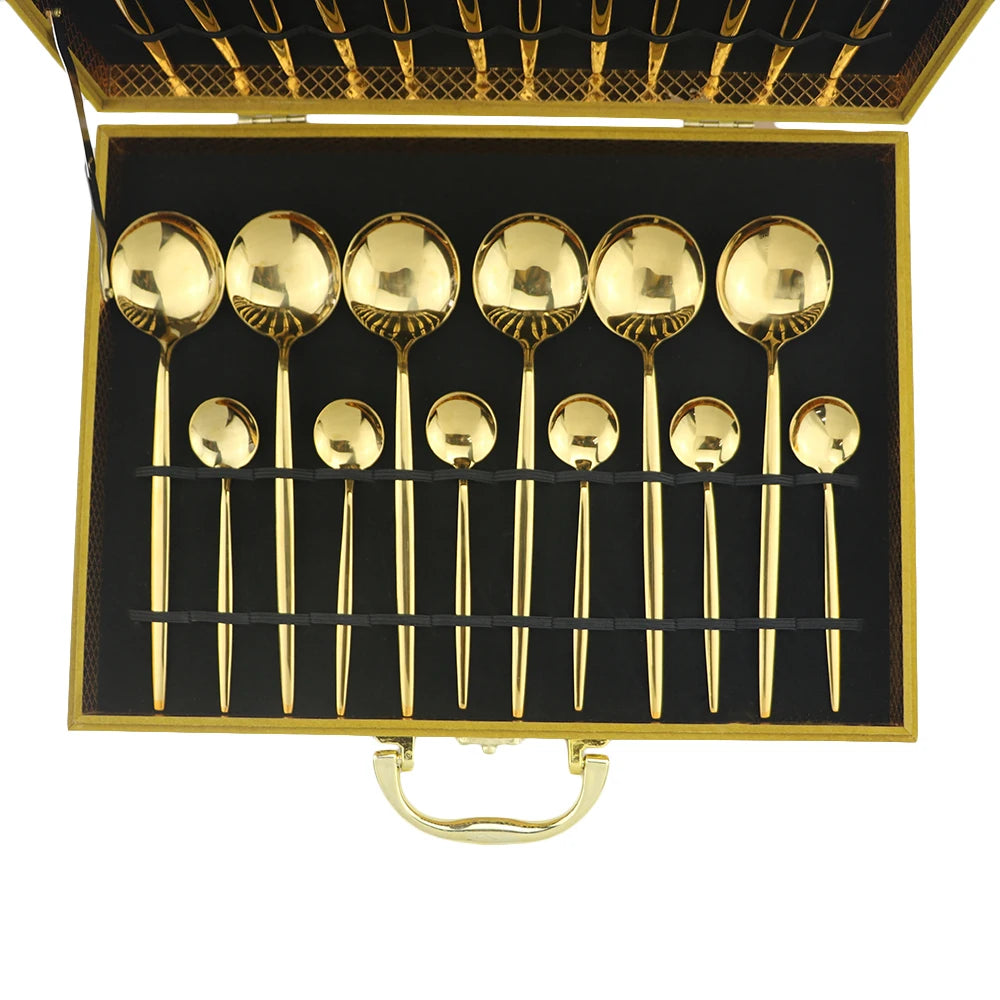 Gold Silverware With Luxury Wood Gift Box Set