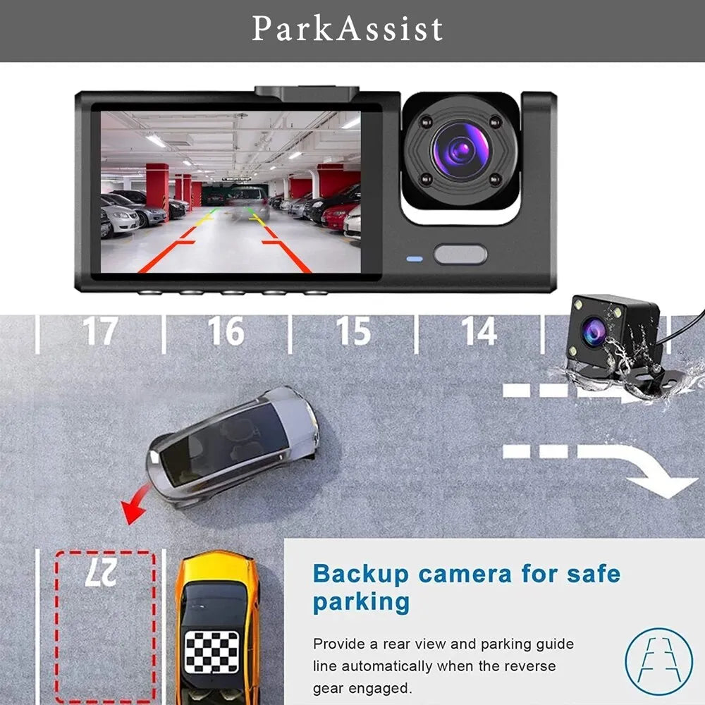 Car DVR HD 1080P 3-Lens Inside Vehicle Dash Cam
