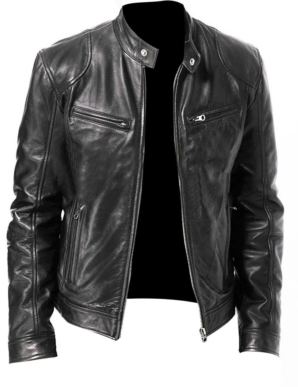 Men's Leather Slim Fit Stand Collar Jacket