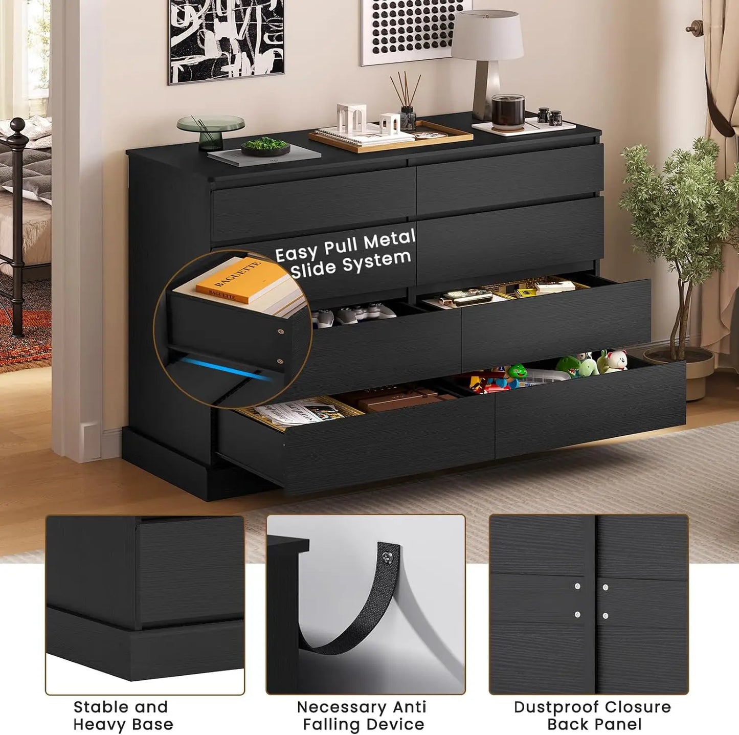 8-Drawer Black Bedroom Dresser