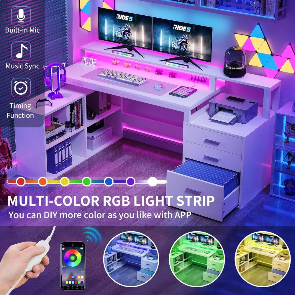 L Shaped Desk with Power Outlets LED Lights