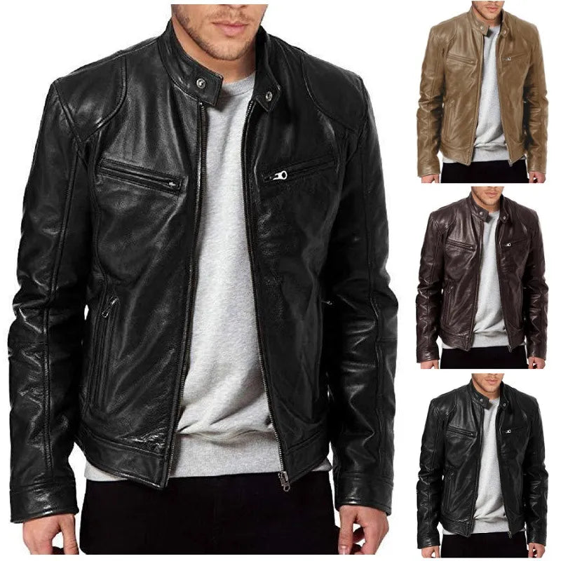 Men's Leather Slim Fit Stand Collar Jacket