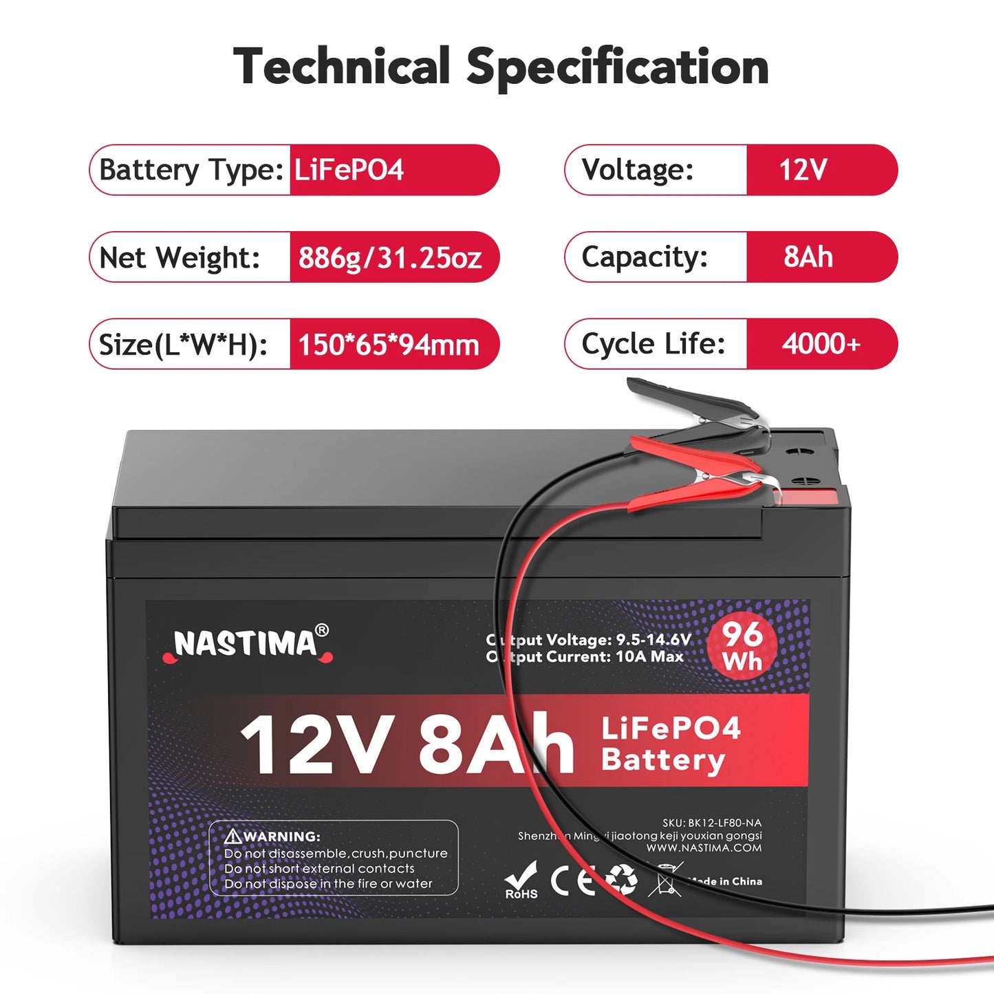 12V 8Ah LiFePO4 Fish Finder Rechargeable Battery