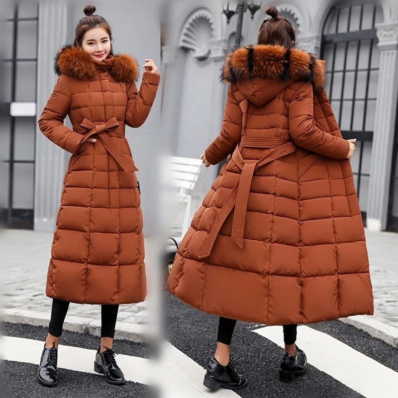 women's warm fashion bow belt fox fur collar jacket