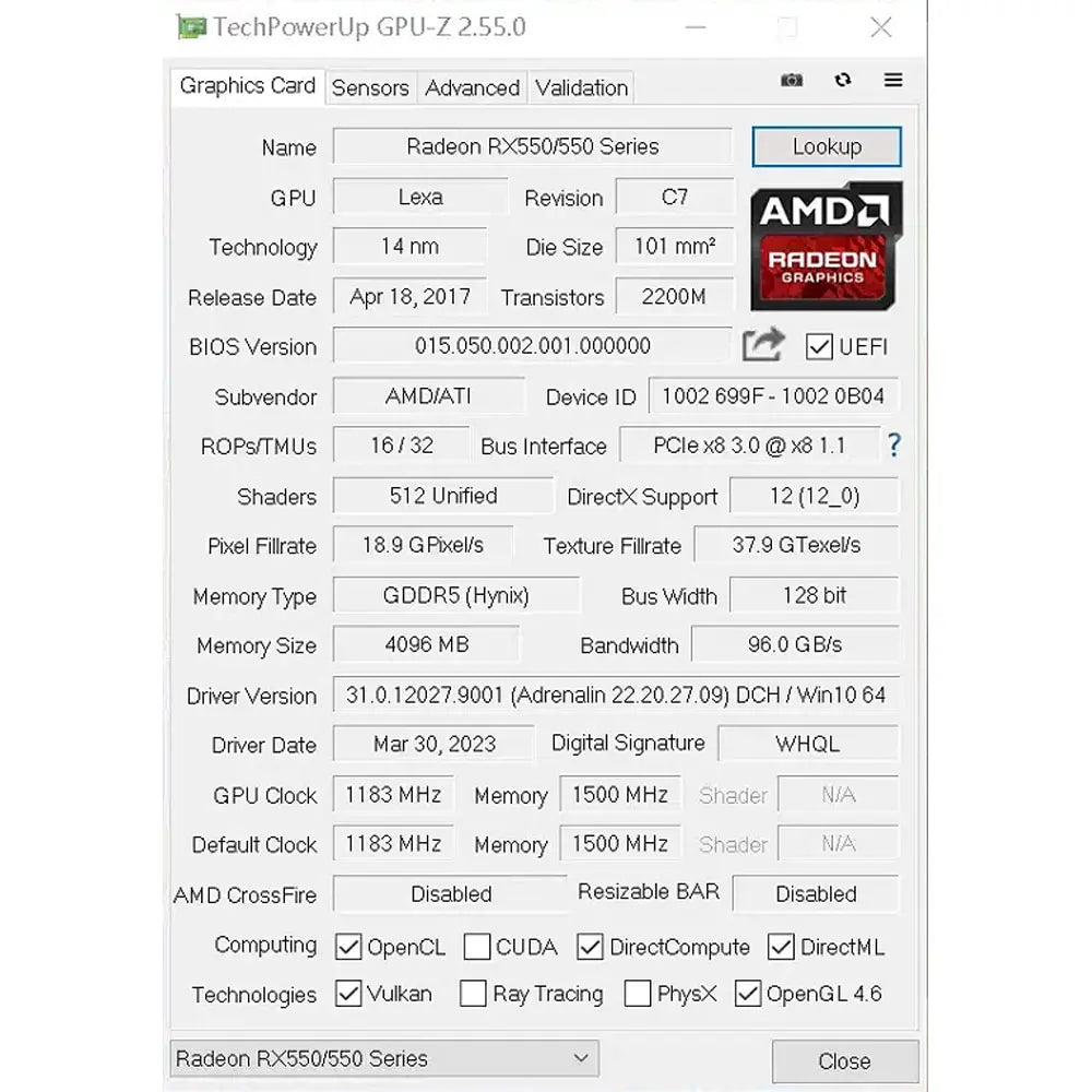 RX 550 4G GDDR5 Graphics Card