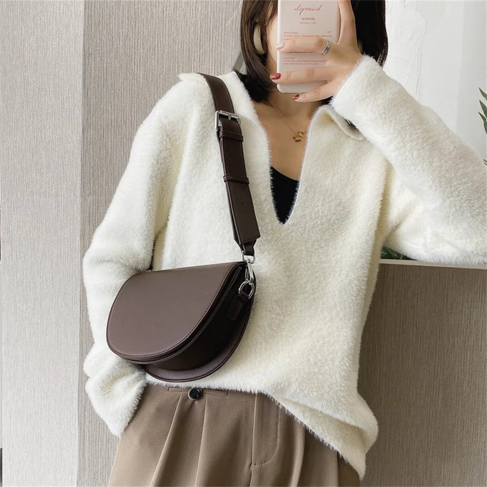 Retro Solid Color Saddle Women Handbags