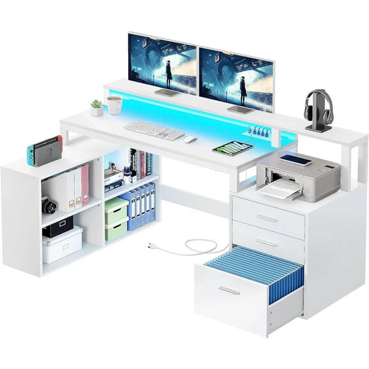L Shaped Desk with Power Outlets LED Lights