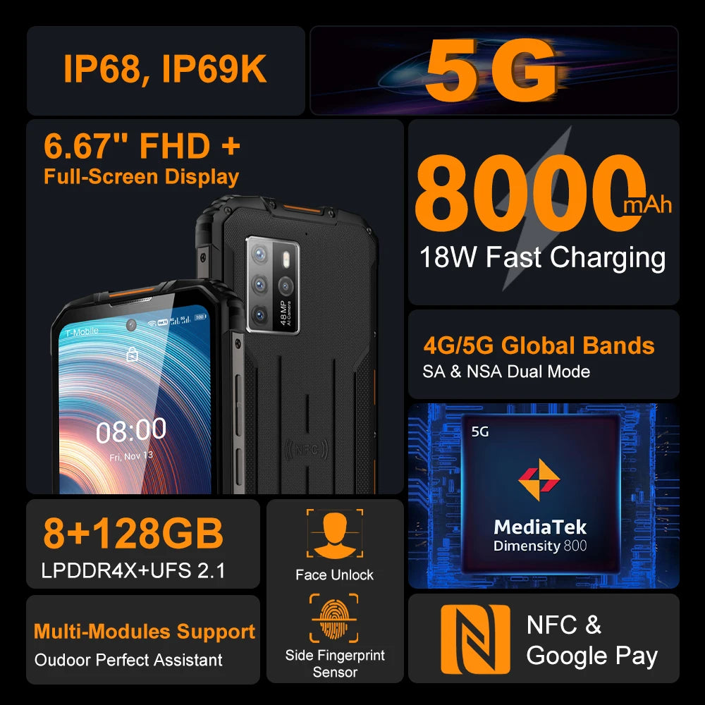 8GB+128GB 8000mAh WP10 Rugged 5G Smartphone