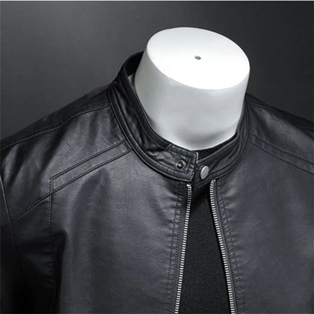 Men Stand Collar Slim Pu Leather Biker Jacket