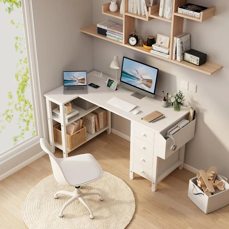 White L Shaped Computer Desk with Drawers