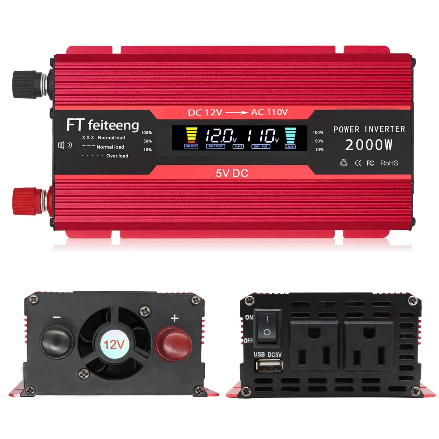 12 to AC 110V,Two plugs and two USB ports Pure Sine Wave Inverter