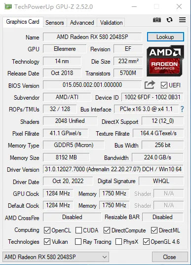 RX 580 8GB 2048SP Graphics Card