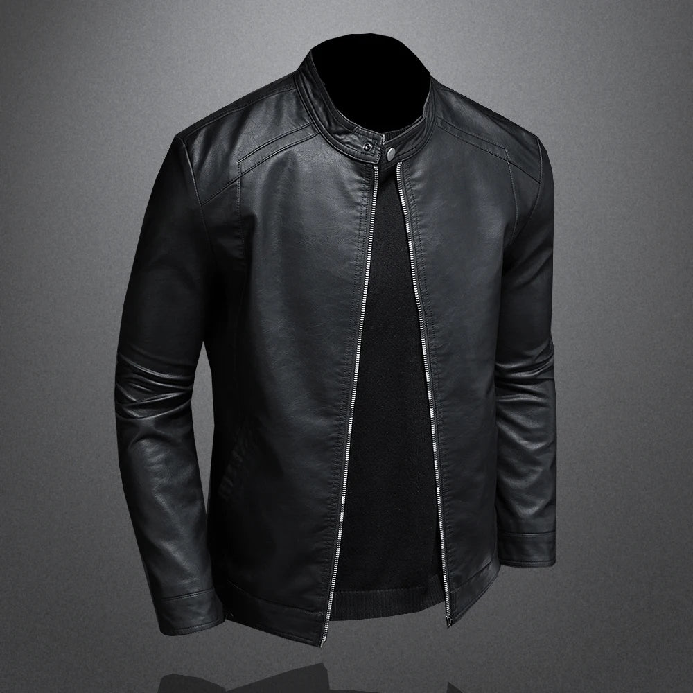 Men Stand Collar Slim Pu Leather Biker Jacket