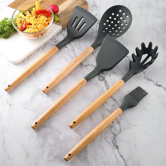 Kitchen Silicone Wooden Handle Spoon