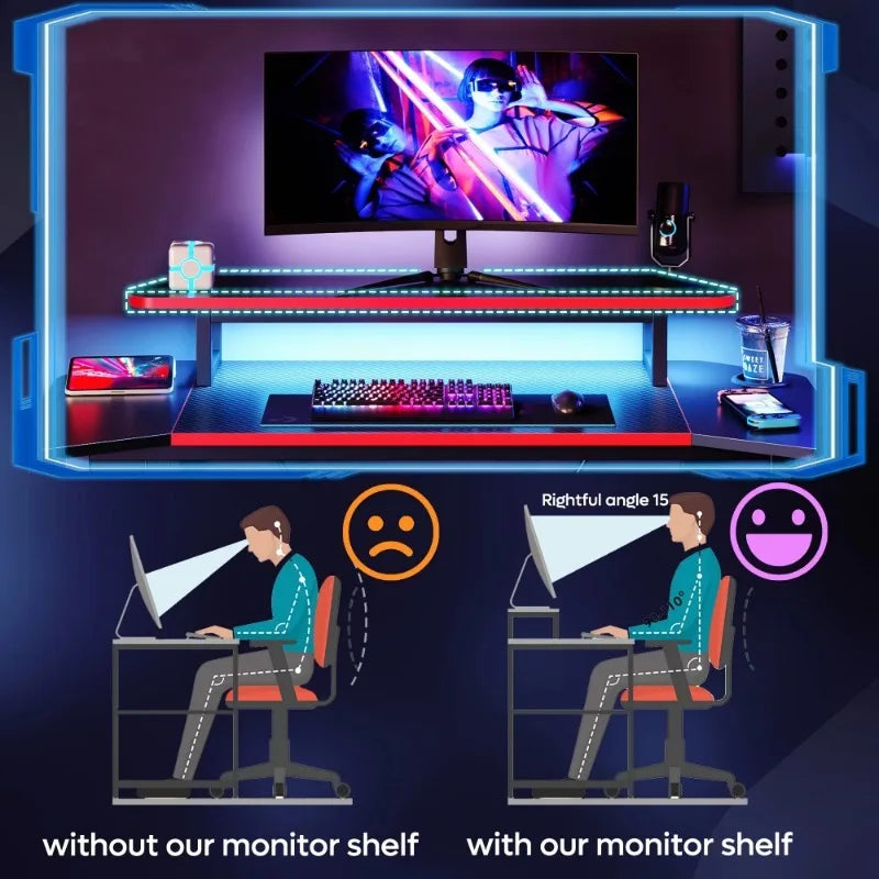 Computer Office Table with LED Lights & Monitor Stand