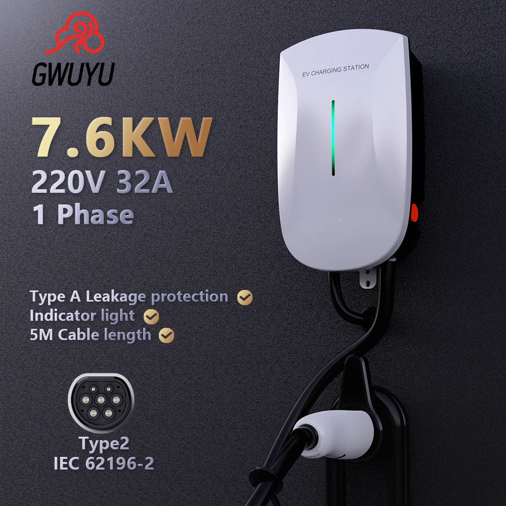 7.6KW 220V 22KW 380V 11KW 16A 3 Phase EV Charging