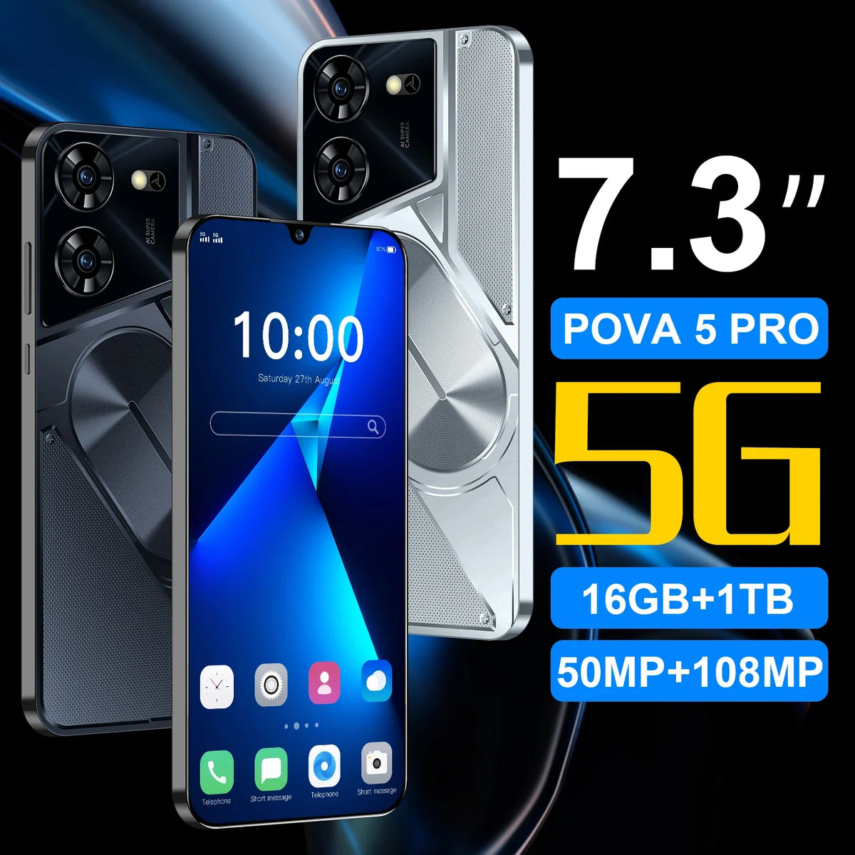 5G 7.3 Inch 16GB+1TB Android 13 Phone
