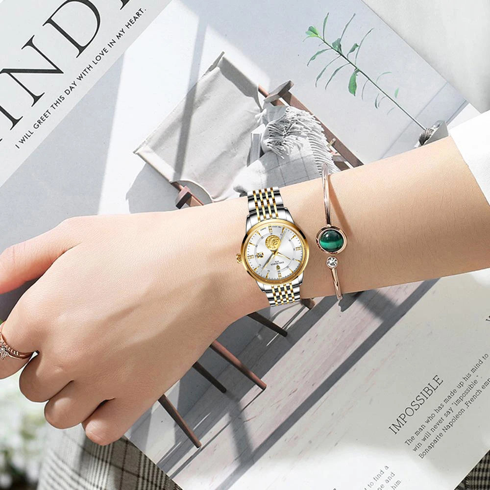 Female Luxury Elegant Gold Steel Wristwatch