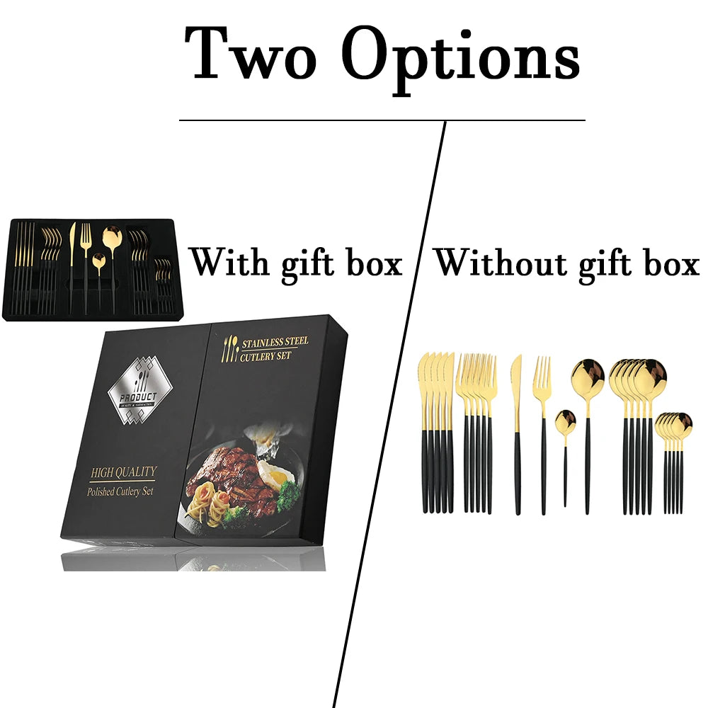 24Pcs Black Handle Golden Cutlery Set
