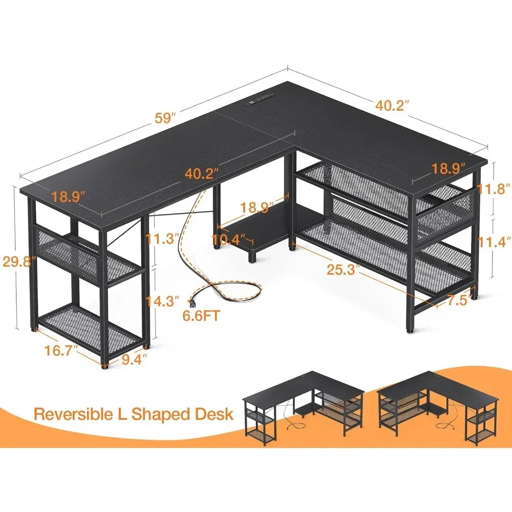 59" L Shaped Computer Desk with Power Outlet