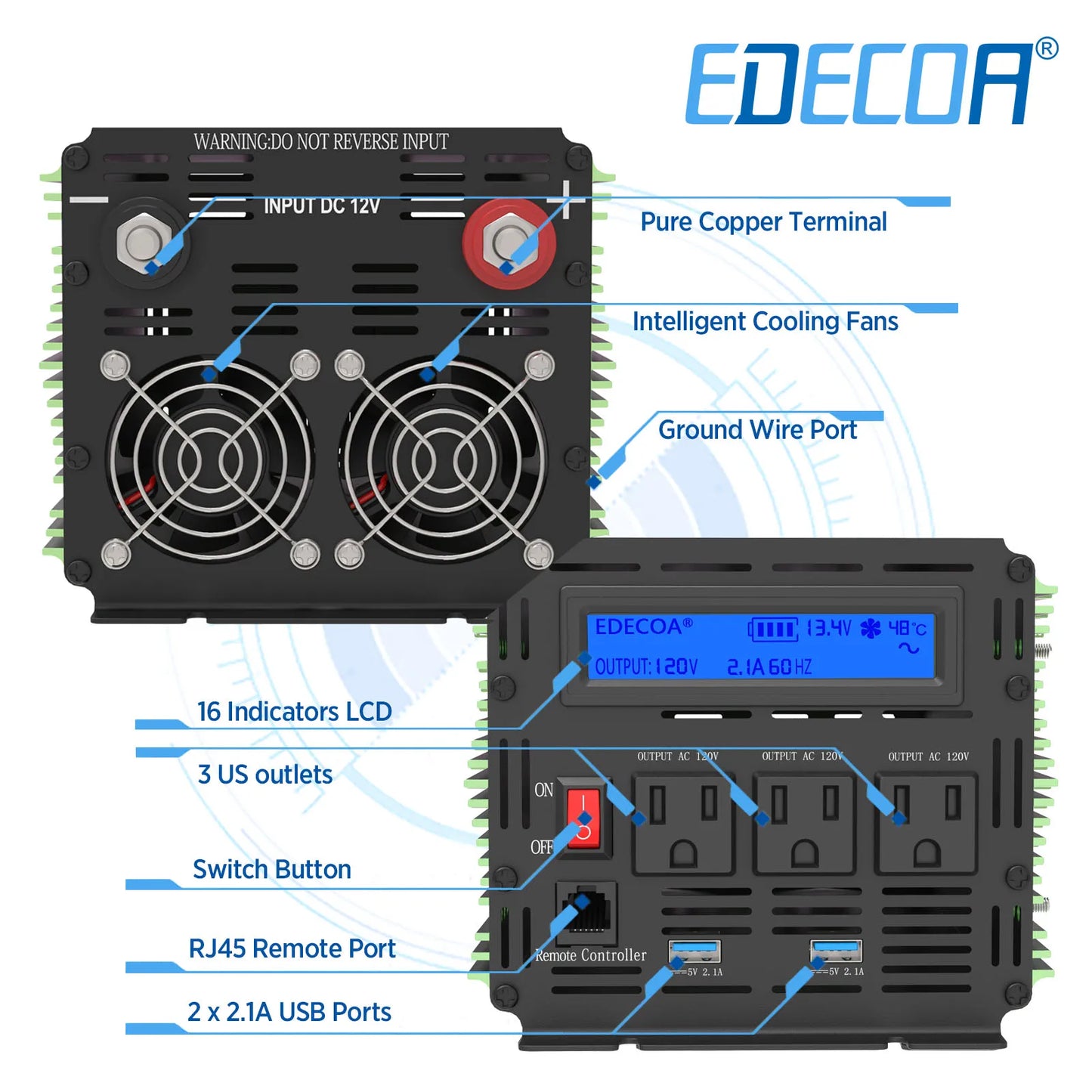 1500W DC 12V to AC 120V 110V 60Hz pure sine wave power inverter
