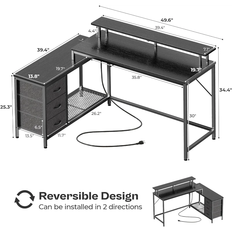 Reversible L Shaped Computer Desk with Drawers