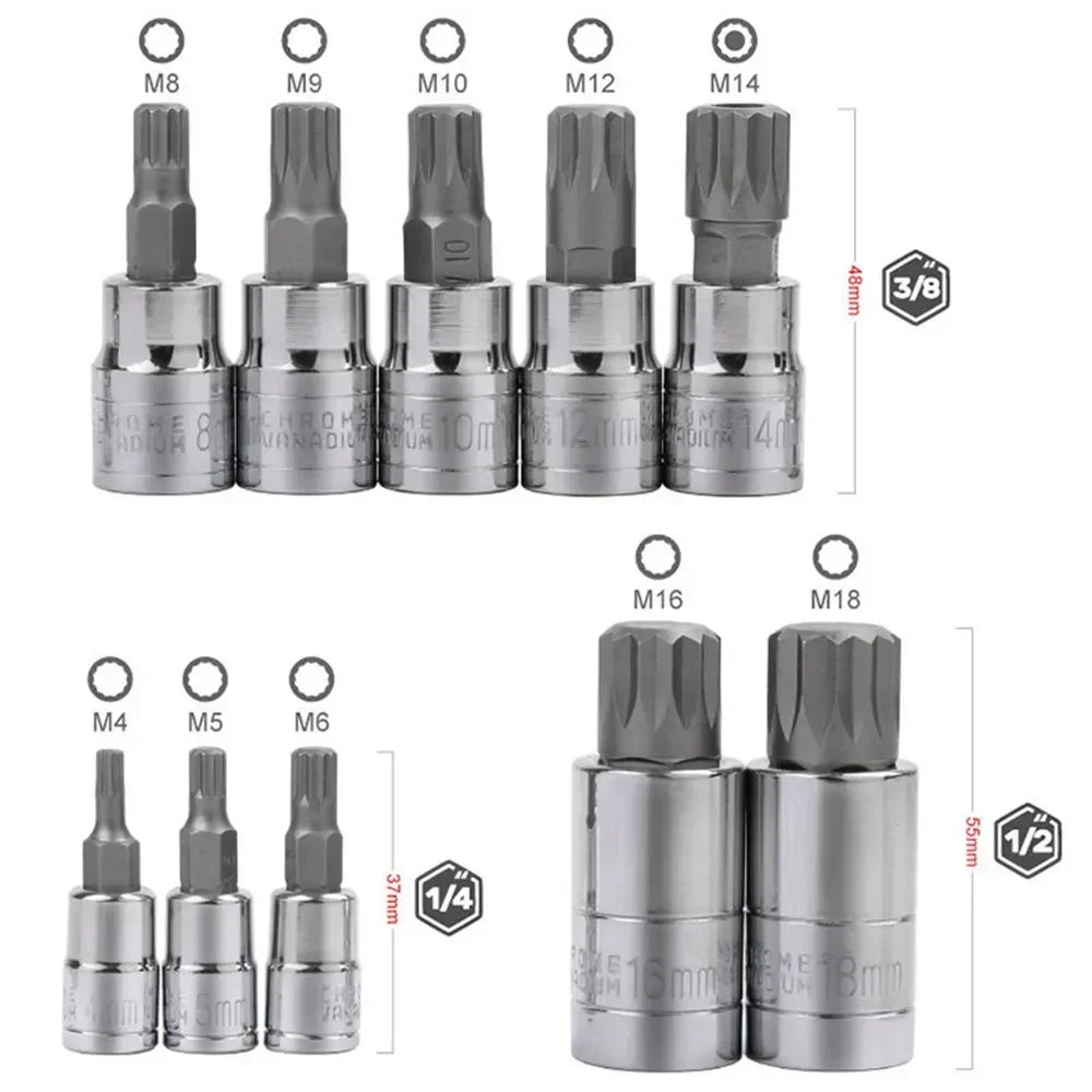 10 Pcs XZN 12 Point Triple Square Spline Bit Socket Set