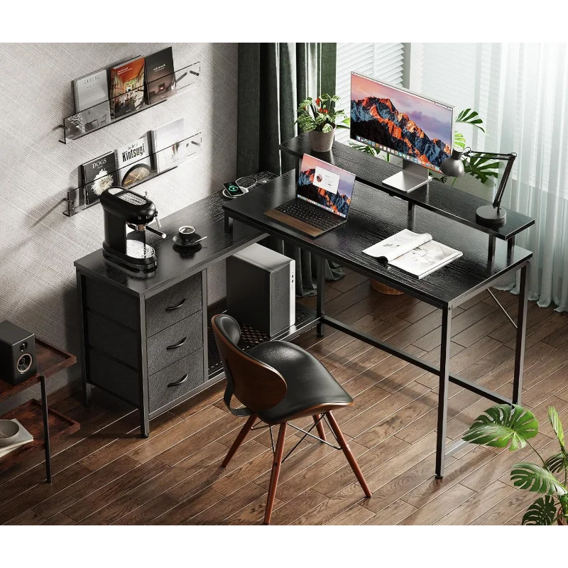 Reversible L Shaped Computer Desk with Drawers