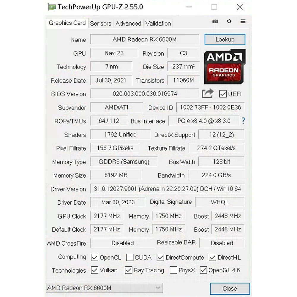 RX 6600XT 6600M 8GB Graphics Card