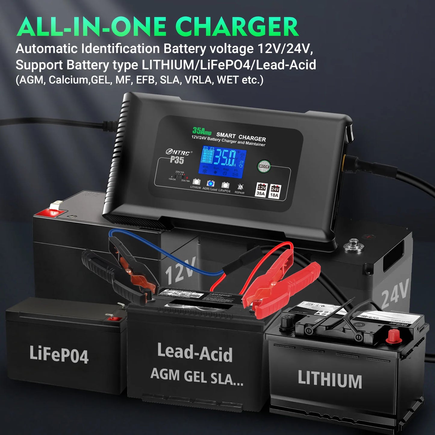 35A 12V 24V LiFePO4 Car Battery Charger