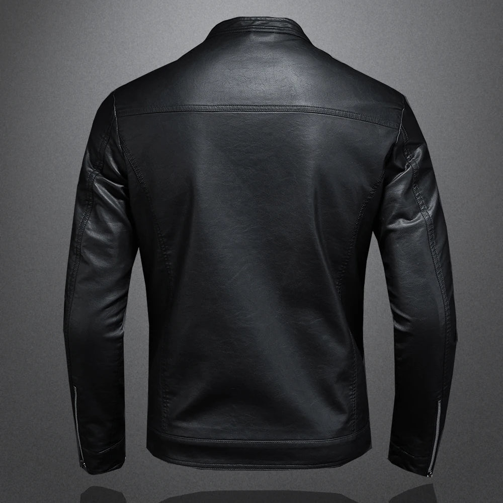 Men Stand Collar Slim Pu Leather Biker Jacket