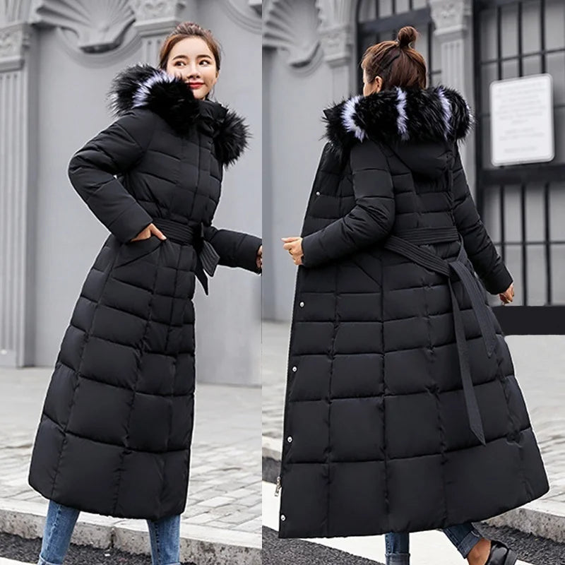 women's warm fashion bow belt fox fur collar jacket