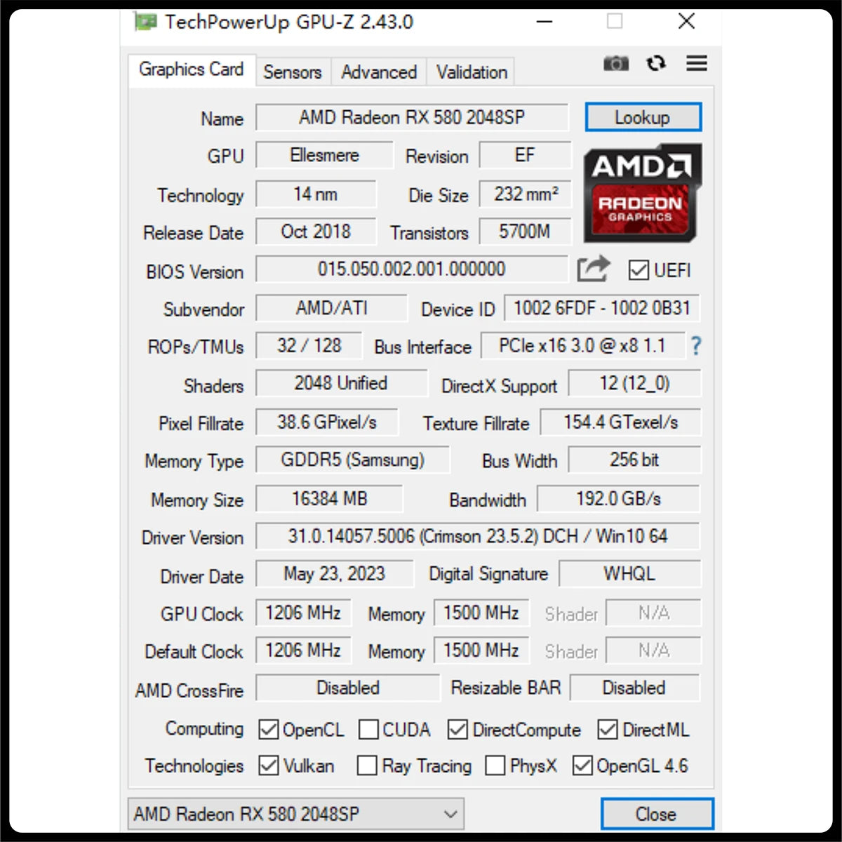 RX 580 16GB Gaming Graphics Card