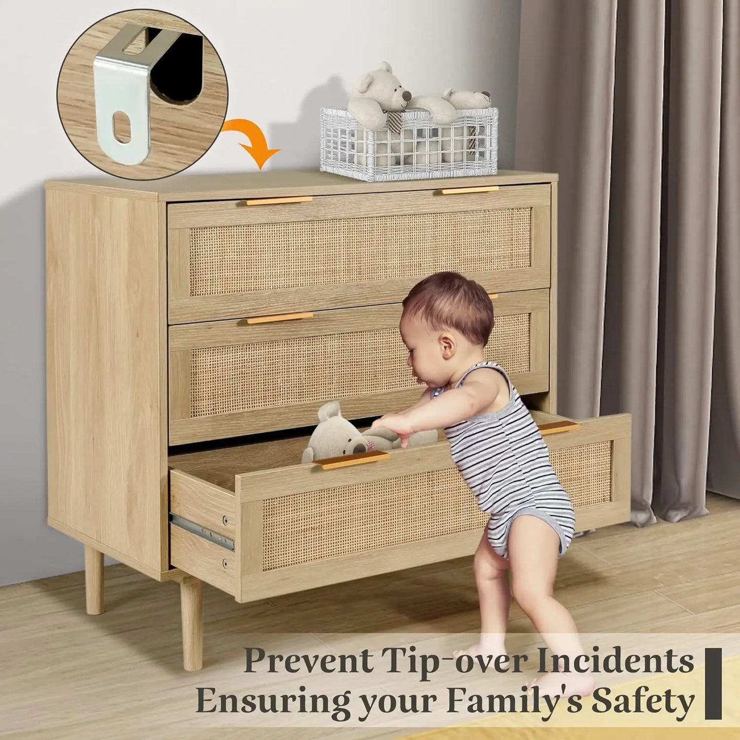 Rattan 3-Drawer Dresser