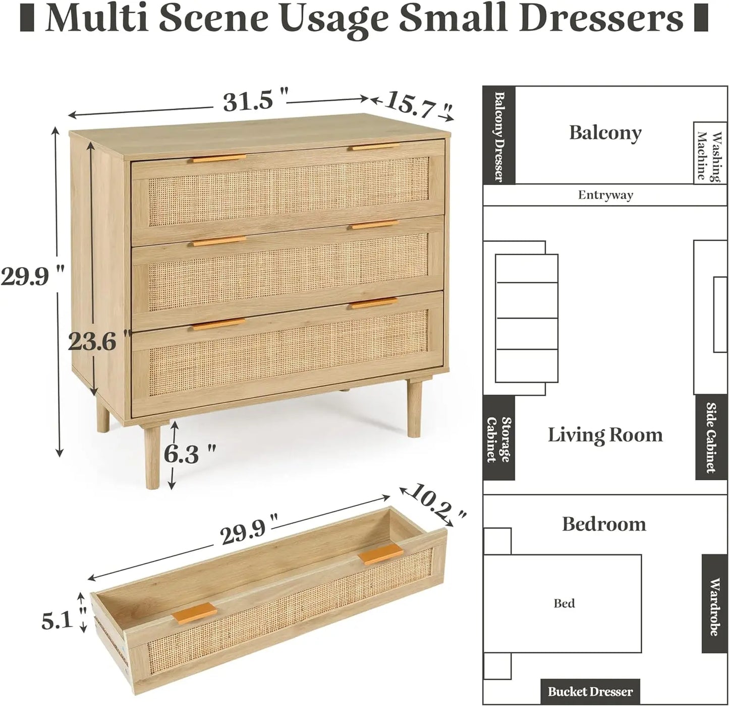Rattan 3-Drawer Dresser