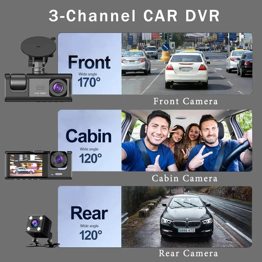 Car DVR HD 1080P 3-Lens Inside Vehicle Dash Cam