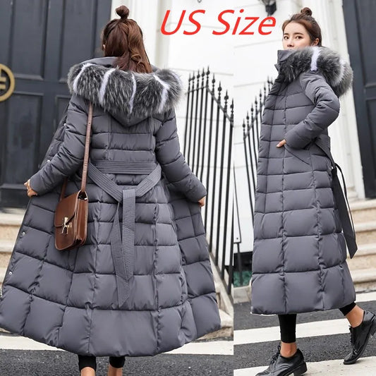 women's warm fashion bow belt fox fur collar jacket