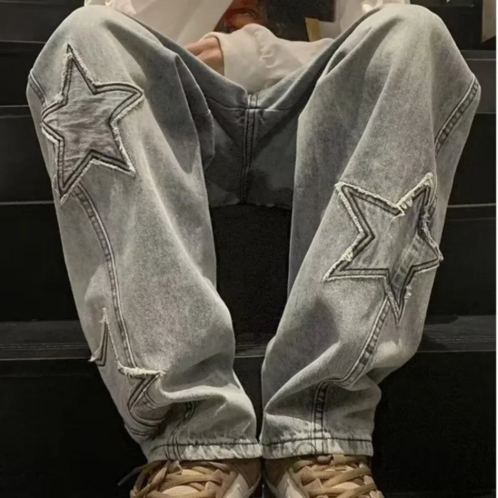 Star Embroidery Straight Casual Jeans