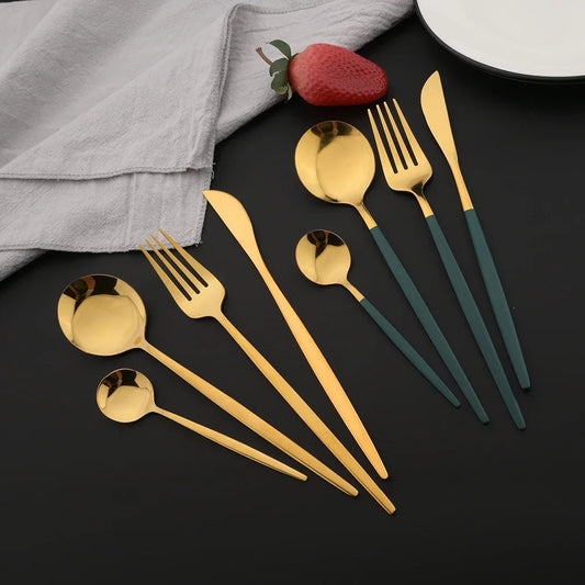 16Pcs Green Gold Dinnerware Silverware Set