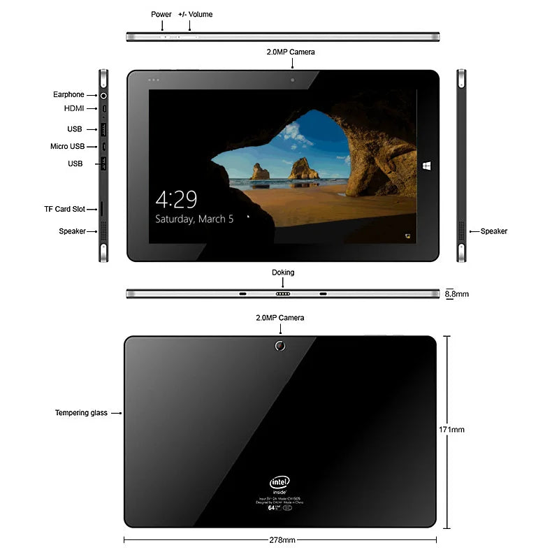10.6” 2GB RAM 64GB ROM 1366 x 768 IPS Windows 10 Tablet