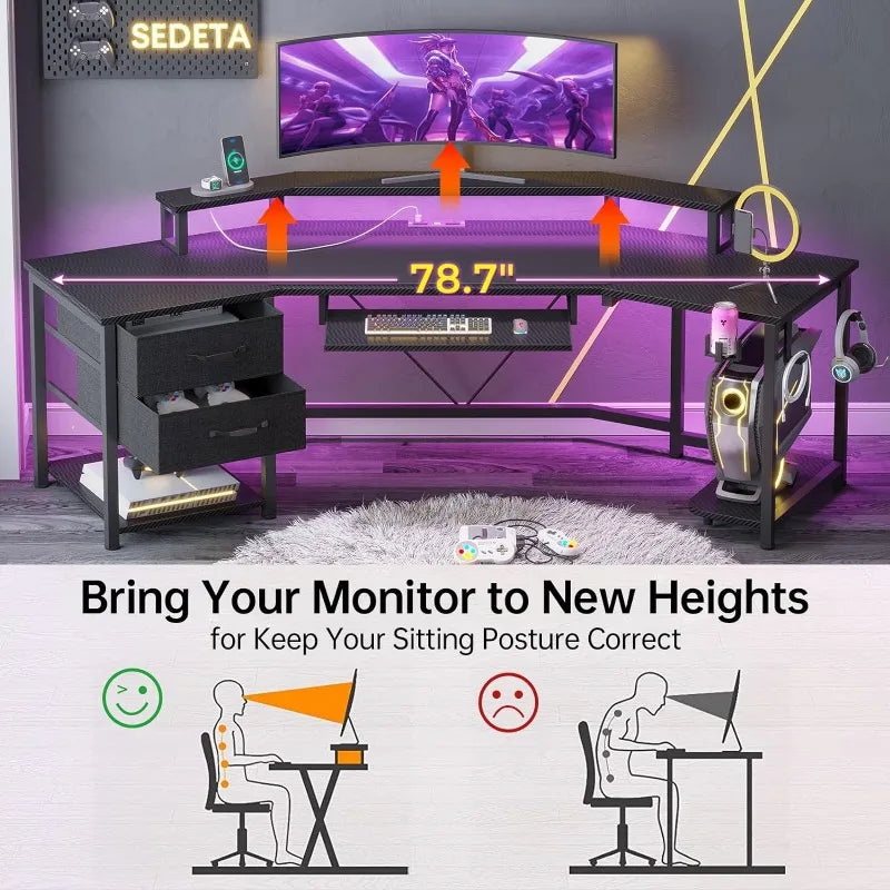 79" Gaming Computer Desk with 2 Fabric Drawers & LED Light