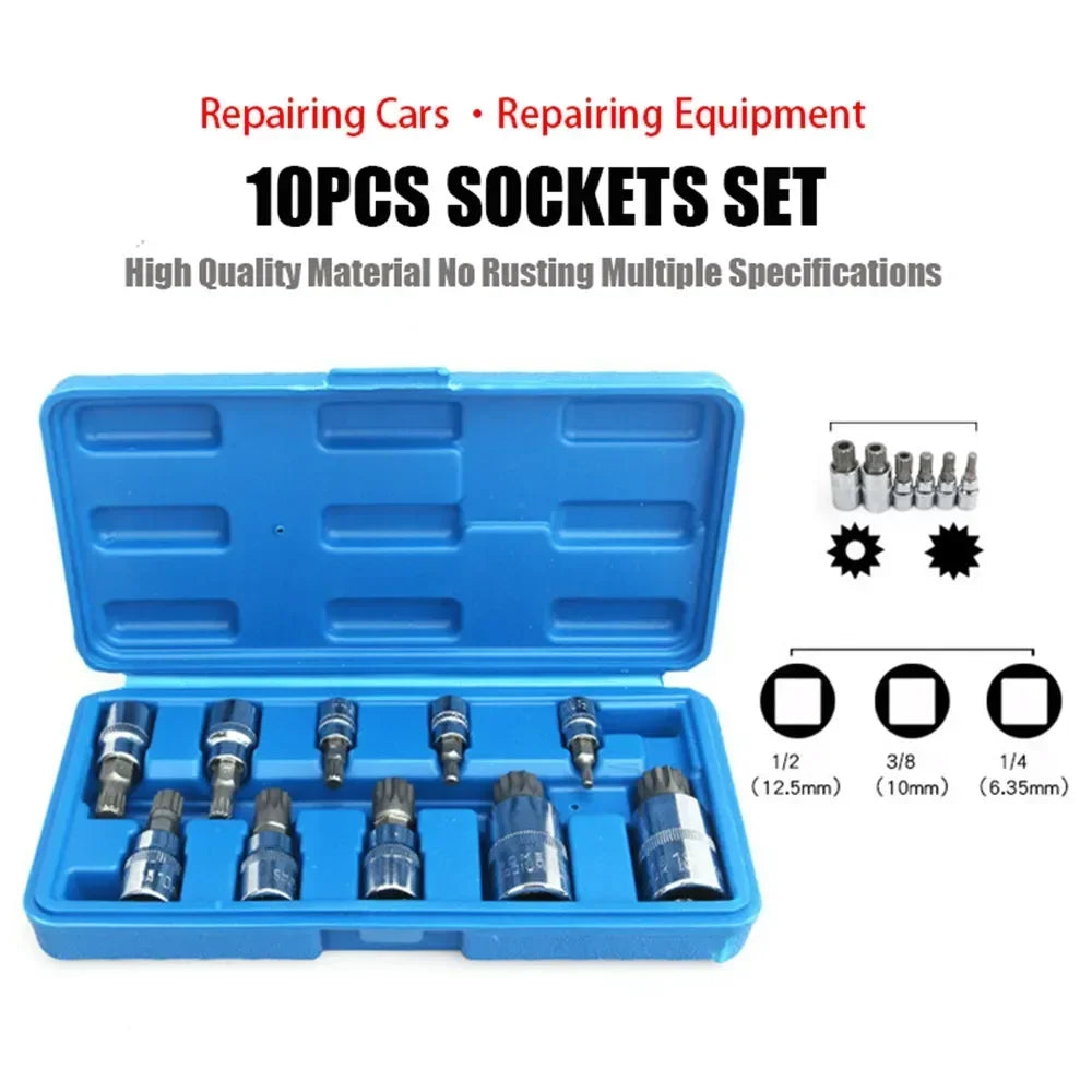 10 Pcs XZN 12 Point Triple Square Spline Bit Socket Set