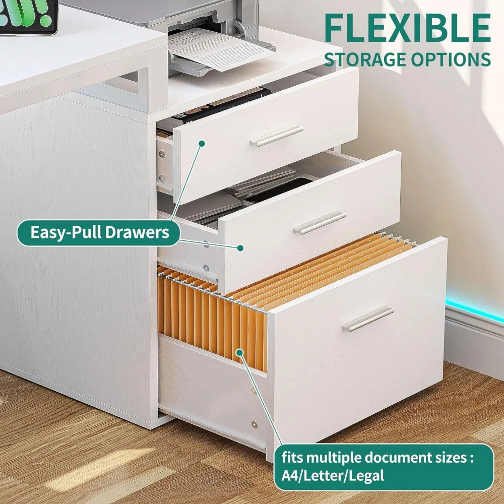 L Shaped Desk with Power Outlets LED Lights